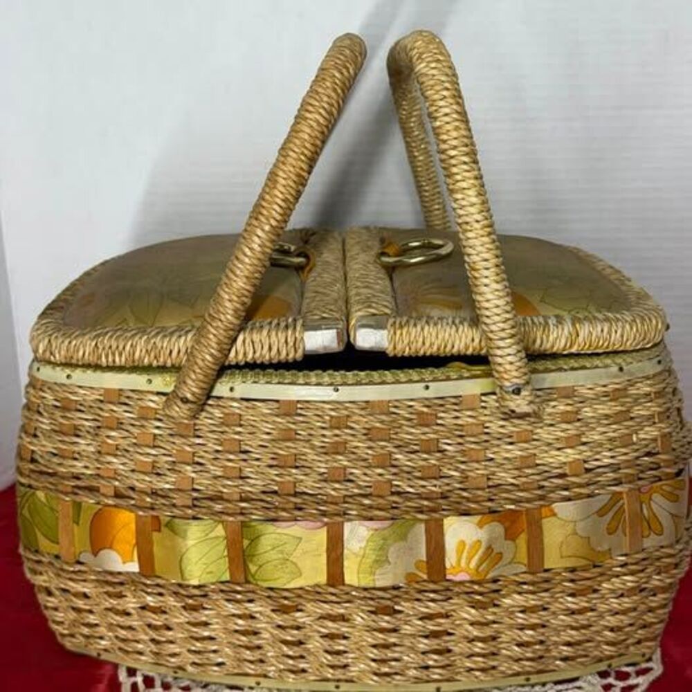 Vintage Wicker Sewing Basket with Floral Lining